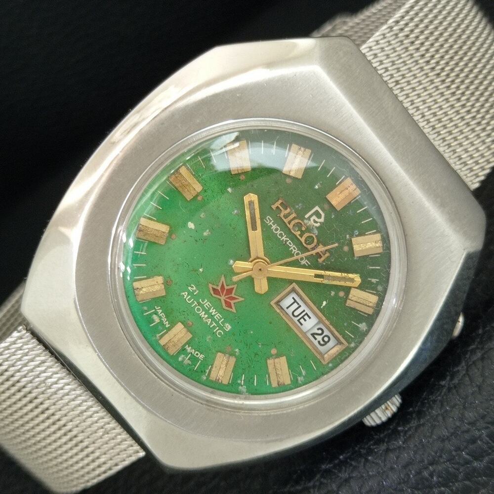 Vintage 1990 Ricoh Automatic Mens Silver Watch W/daydate & Green accents
